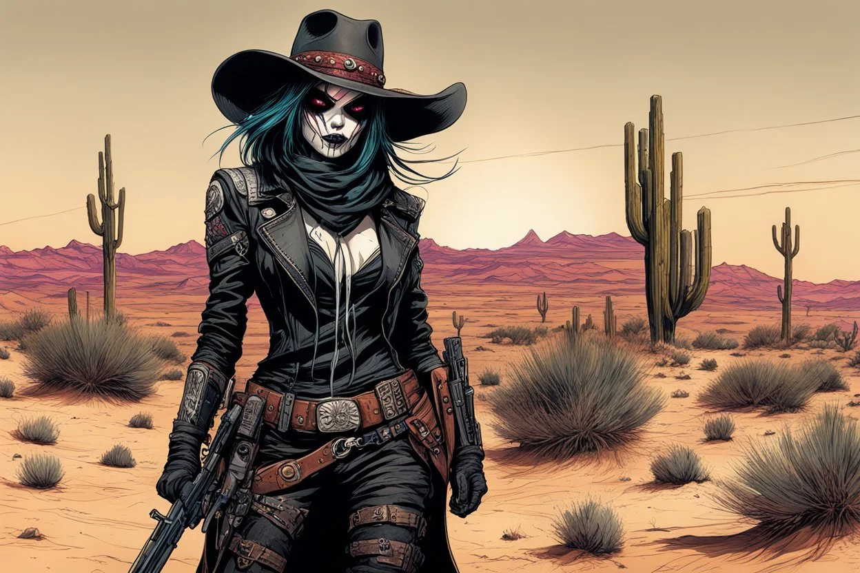 highly detailed full body concept illustration of an altered reality goth punk Wild West female anti heroine bounty hunter in the desert Southwest , maximalist, sharp focus, finely detailed facial features, highest resolution, in the styles of Alex Pardee, Denis Forkas , and Masahiro Ito, boldly inked, 8k, coarse, gritty textures