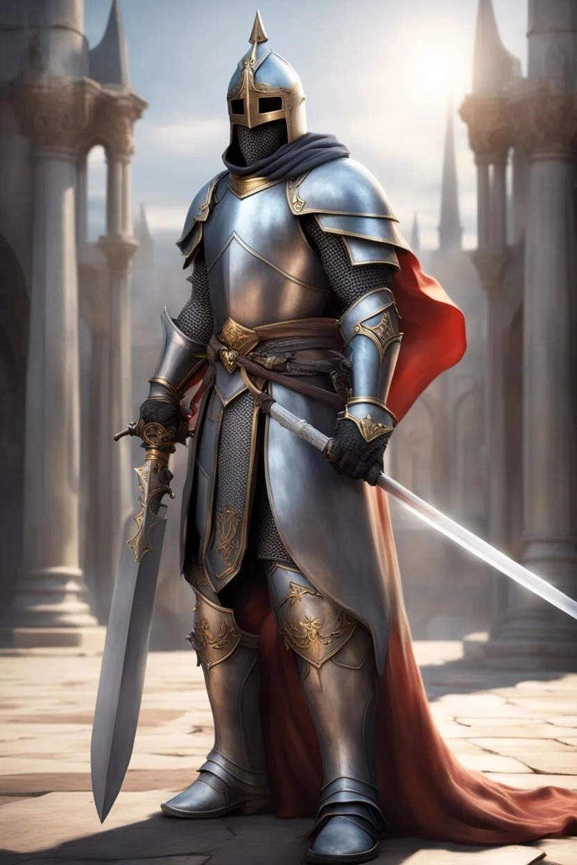 photorealistic holy knight paladin wearing a cape wielding a greatsword temple in the background