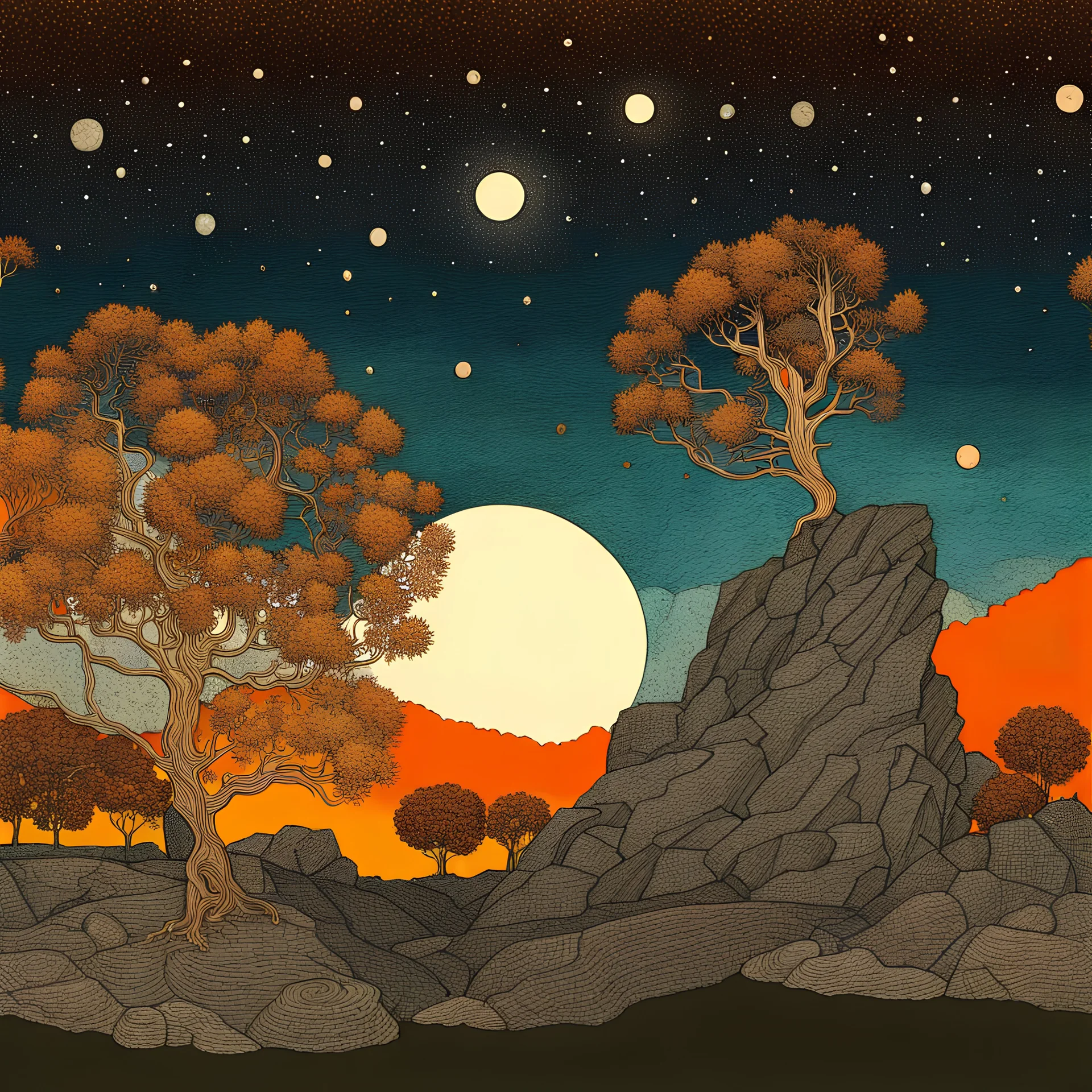 Colourful, peaceful, Egon Schiele, Max Ernst, silver rust gradient, night sky filled with galaxies and stars, rocks, trees, flowers, one-line drawing, sharp focus, 8k, deep 3d field, intricate, ornate