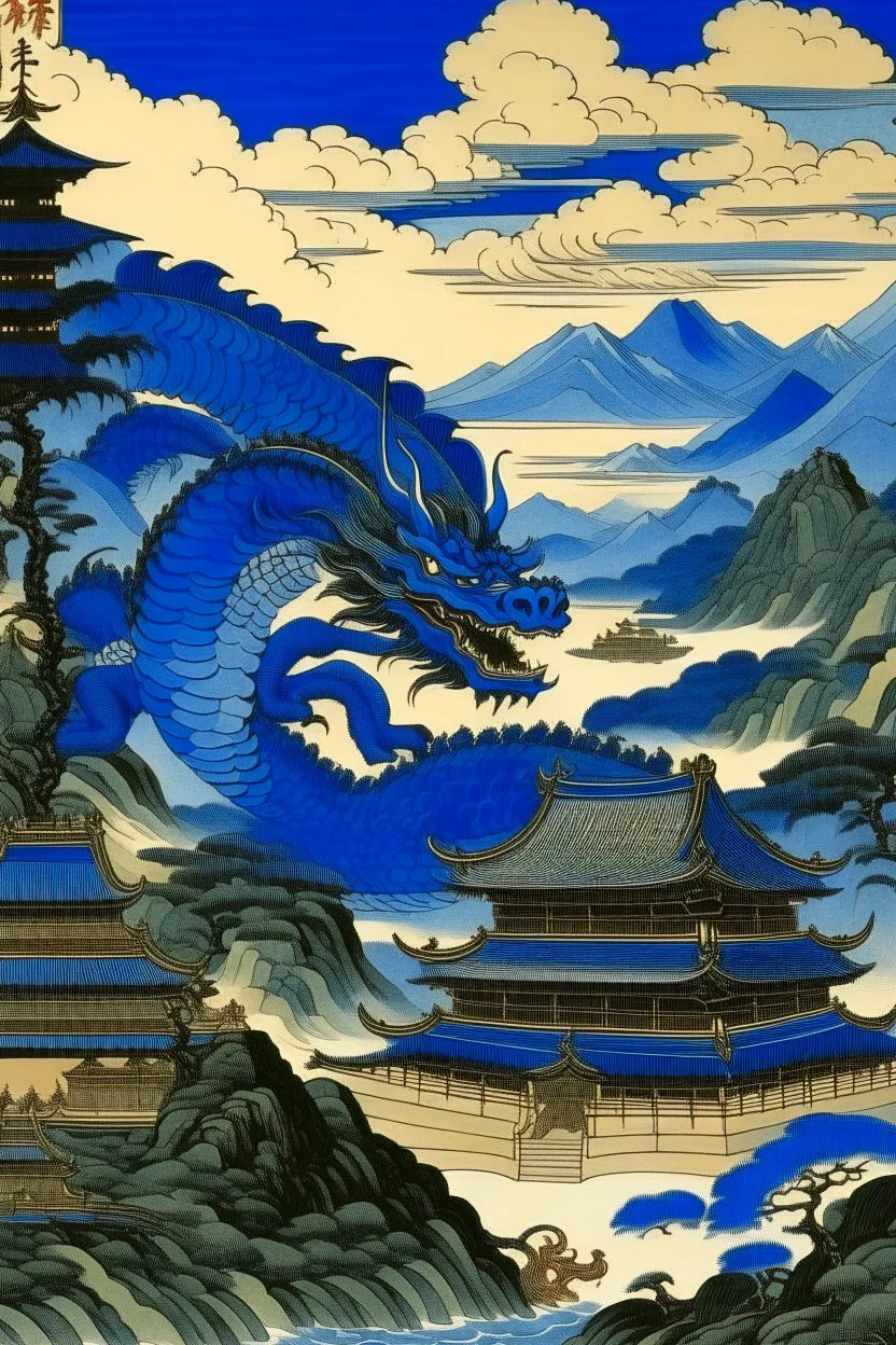 A dark blue dragon palace painted by Katsushika Hokusai