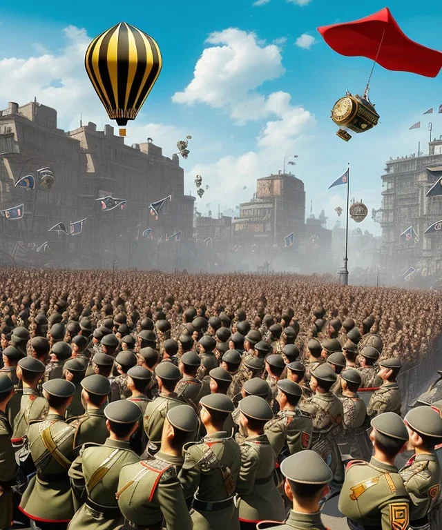 Steampunk Nazis city, with Balloon and swastika flag, people on the street watch the parade of the Wehrmacht army