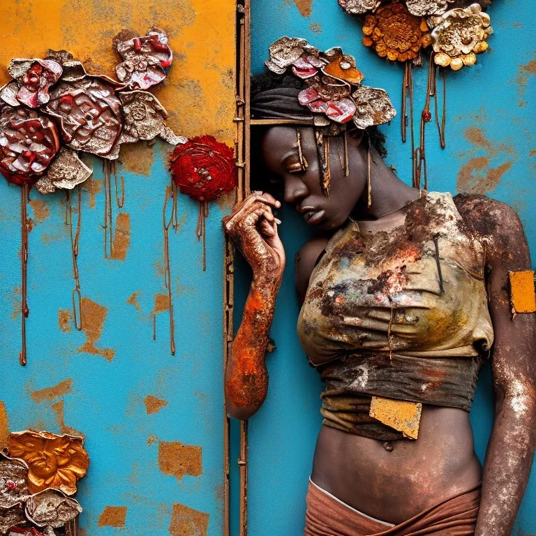 an abstract painting of rusted metal and flowers, african bridal portrait, rust, scaffolding, iron cladding, decay, mixed media, textured, anatomically correct, beautiful perfect face, sharp focus, highly detailed,new york slums, apartment building ,rundown, realistic, unity engine, bloom,cinematic lighting,blue tone, octane render,