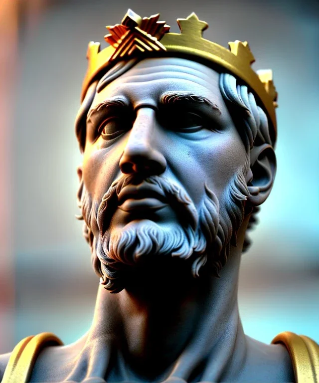 Ultra Realistic image, roman sculpture, marble deluxe material, Lionel Messi, gold Laurel crown, miguel angel style, chisel style, emperador, waist up portrait, cinematic lighting, God light, god rays, 4k resolution, smooth details, ornate details, soft lighting, unreal engine 5, sky background.