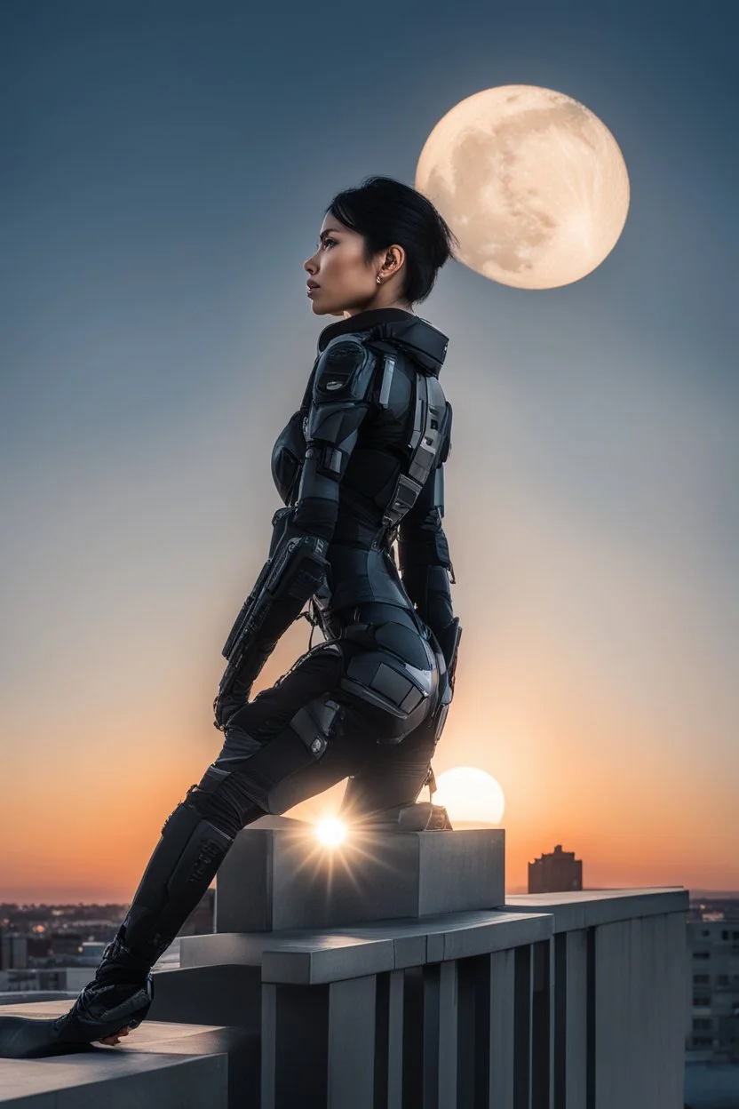 Photo Of A slim Woman With Black Hair, Wearing an android-looking suit, standing sideways On a ledge of a building, with a waning moon Behind Her Head, sunset with small clouds