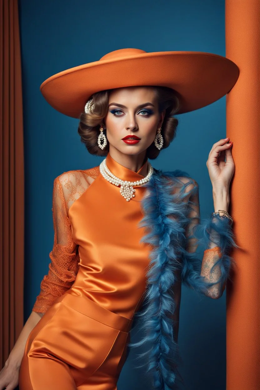 full body beautiful girl, elegant orange,lace clothes of the 80s, luxury style, small elegant hat with feather, hair of the 80s, pearl necklace, earrings masterful, beautiful face,blue backdrop