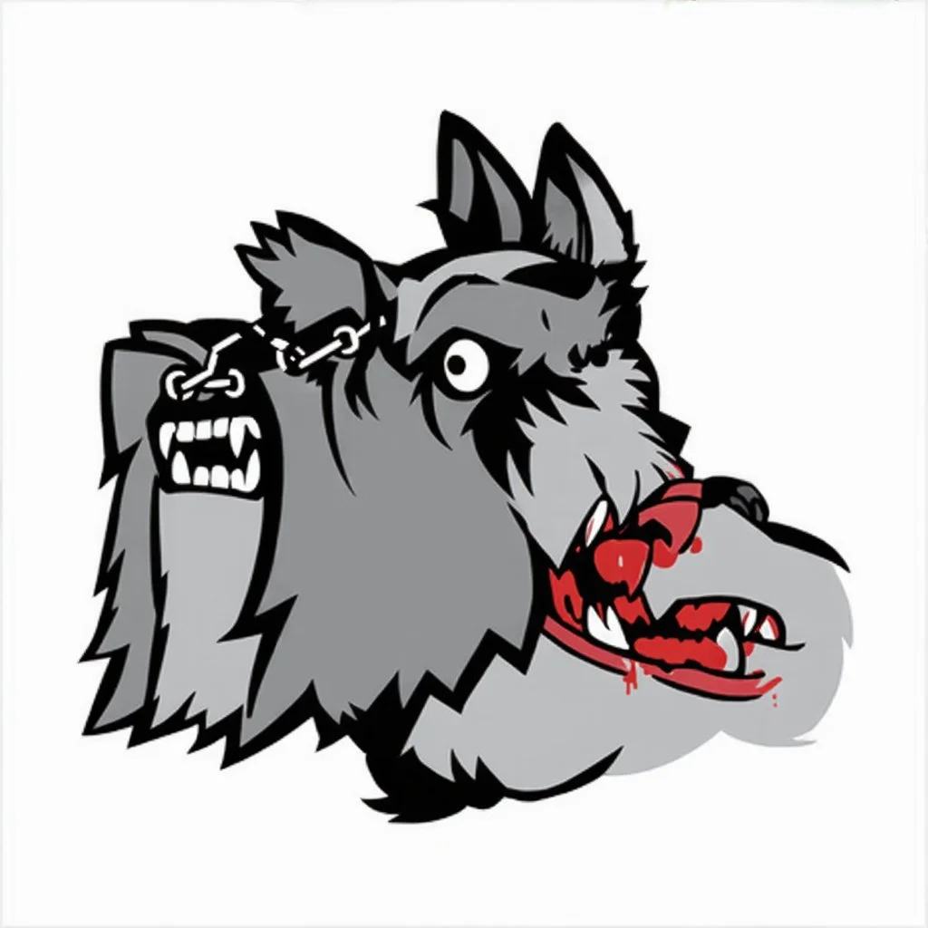 angry Terrier dog with a ball chain collar around neck, a chain leash attached to collar, blood shot eyes, bloodied teeth, vector logo