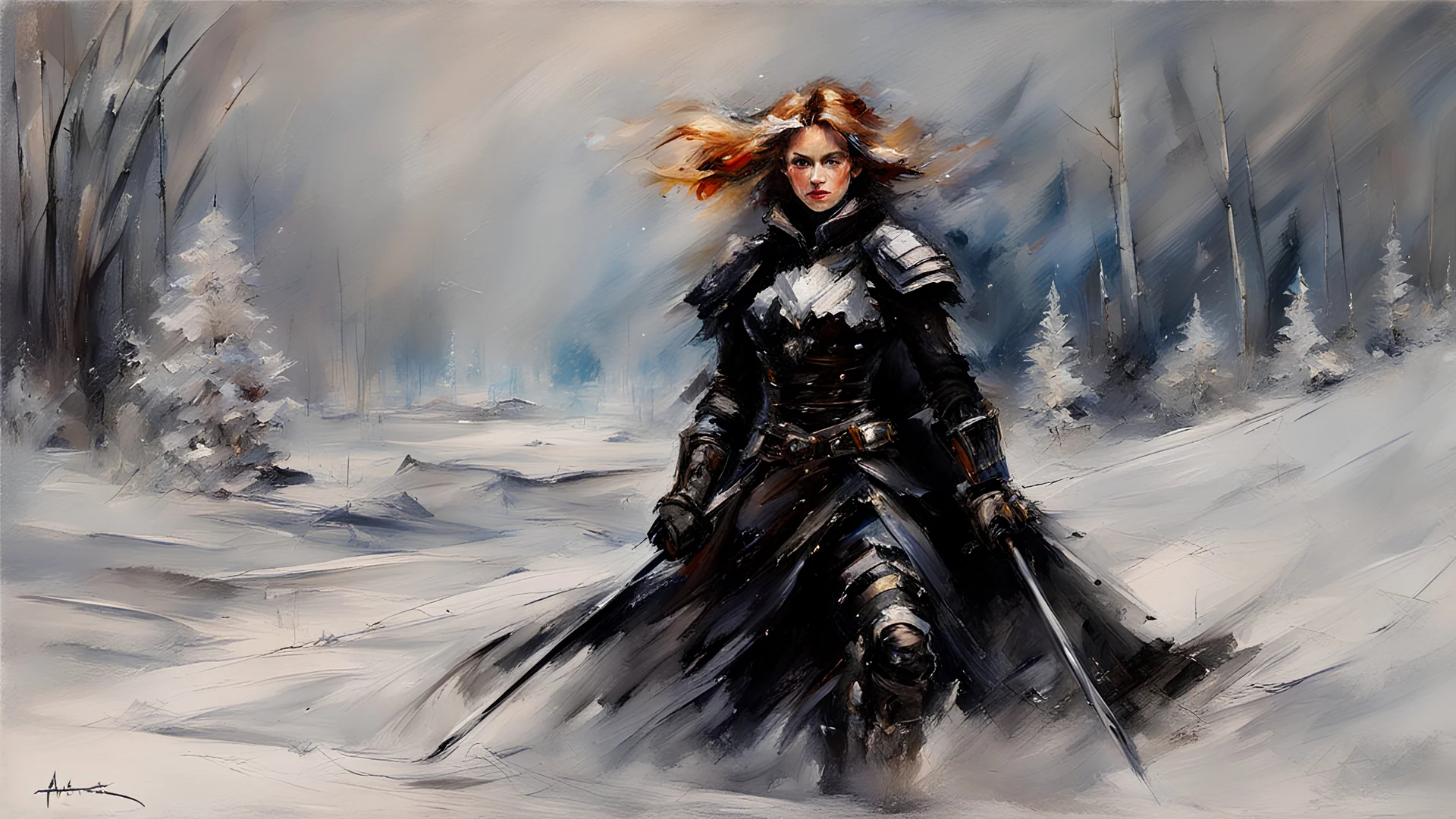 a warrior woman in black armor on the background of a cold snow-covered country, ice and crystal, frost and snow, oil and pastel, by Leonid Afremov & William Kentridge & Anna Razumovskaya