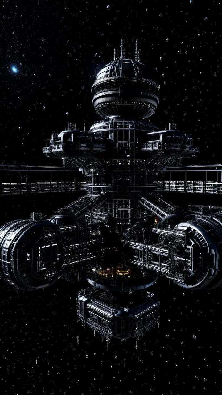 Huge space station in the blackness of space with many docking arms