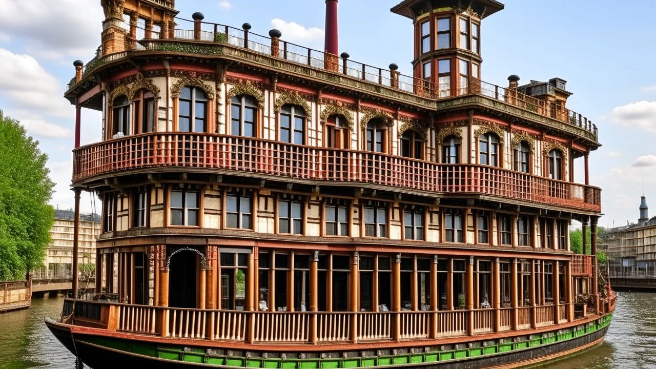 large wooden Victorian pleasure steamboat flying above a city, balconies, verandas