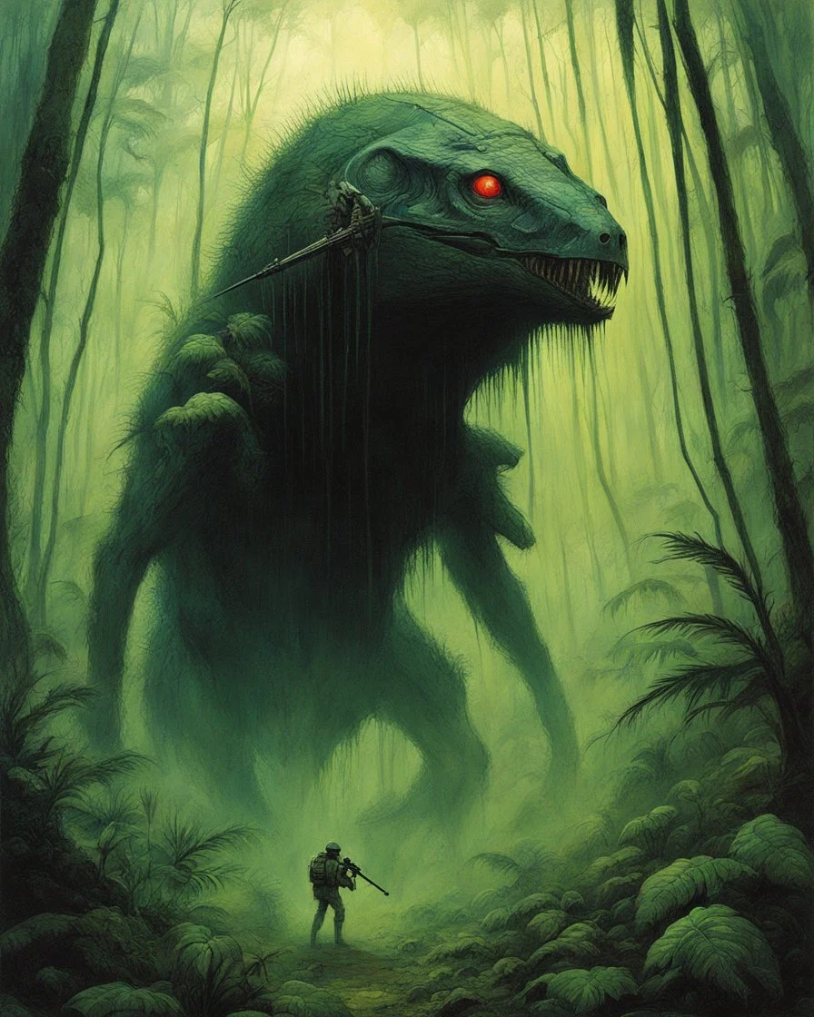 hidden predator [art by John Paul Leon and Zdzislaw Beksinski] in the jungle tactic squadron member trained to kill PREDATORS, helicopterus alien with a lot of mini guns