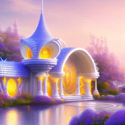 landscape of summer tropical ambient beutiful castle white gold and neon lights bright and colorful bright gloss effect of a futuristic house,like spaceship, natural round shapes concept, large transparent view of the open outdoor garden,sea beach at sunset, gold crystals,with light pink, flowers of Lotus, beutiful pools, light of sun , palmiers,cerisiers en fleurs, wisteria, sun , stars, small waterfalls