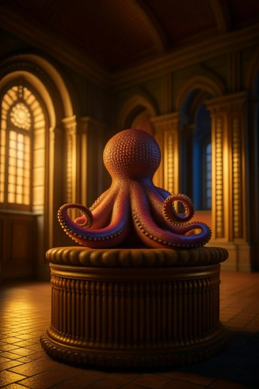 octopus on a throne in medieval castle, 4k, downlight, soft light, depth of field, photorealism