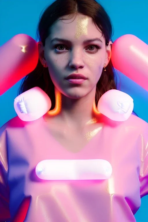 Ultra Realistic image, Rosalía artist, 40 years old, portrait, normal complexion, natural small busty, traditional little tattoo, two bows, little chopsticks hair ,black eye long liner, latex t-shirt and inflatable coat, gold pink and blue style, spray line glow make up, geometric led jewelry, fog, hot, inflatable style latex coat, vibrant color, highly detailed, art stations, concept art, smooth, unreal engine 5, god rays, ray tracing, RTX, lumen lighting, ultra detail, volumetric lighting.