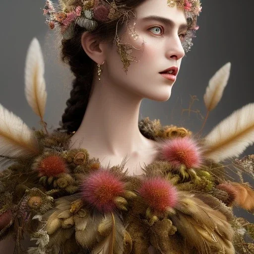 woolitize, frida, rusty metal, feathers, Dryad, fae, sidhe, ominous, nature, plants, wildflower, facepaint, dnd character portrait, intricate, oil on canvas, masterpiece, expert, insanely detailed, 4k resolution, retroanime style, cute big circular reflective eyes, cinematic smooth, intricate detail , soft smooth lighting, soft pastel colors, painted Renaissance style