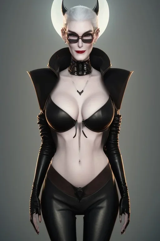 Carmen Dell`orifice as evil queen in black leather, leather, busty, cleavage, angry, stern look. character design by cory loftis, fenghua zhong, ryohei hase, ismail inceoglu and ruan jia. unreal engine 5, artistic lighting, highly detailed, photorealistic, fantasy