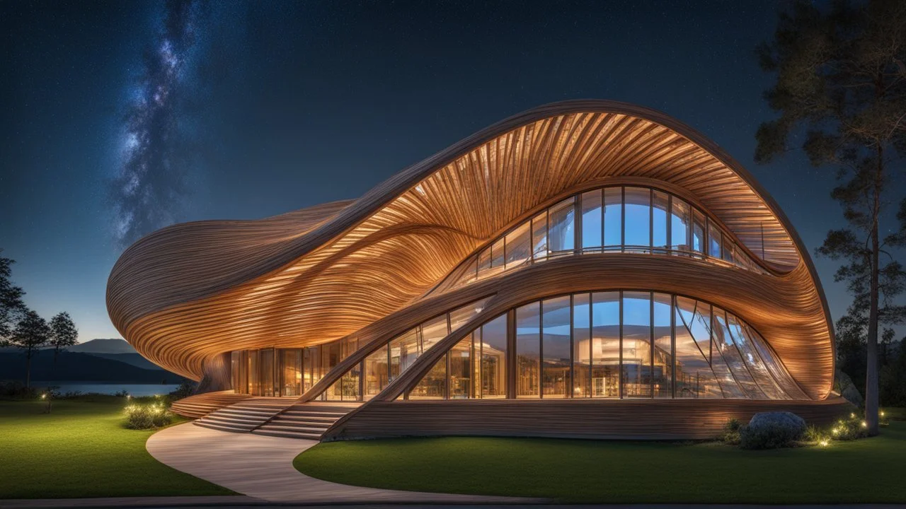 Inspirador y hermoso edificio ultramoderno de madera entretejido basado en formas de parábola, hélice y onda sinusoidal, con grandes ventanales, arquitectura artística e increíble, ubicación rural, noche, estrellas, luz de luna, luciérnagas, montañas distantes, lago, luz natural suave y perfecta, extremadamente detallada , fotografía premiada, hermosa composición, 16k, HDR, alta calidad, enfoque nítido, fotografía de estudio, obra maestra