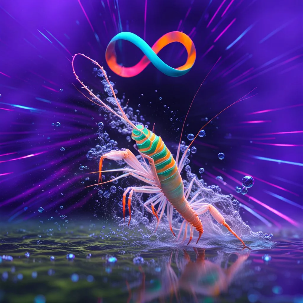 infinity symbol ∞ with vibrant powerful single prawn coming out of the water, striking, neon, chiaroscuro, dramatic, captivating, powerful, fantasy, beautiful, octane render, 16k post-production, artstation: award-winning: atmospheric: commanding: fantastical: clarity: ultra quality: striking: brilliance: stunning colors: amazing depth; lens: f/11, 35mm