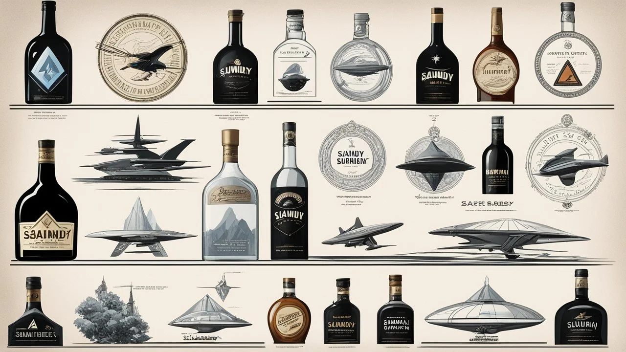a study of shapes and labels for bottles of "Saundy the Saurian Brandy" in view of new Star Trek advertising campaigns