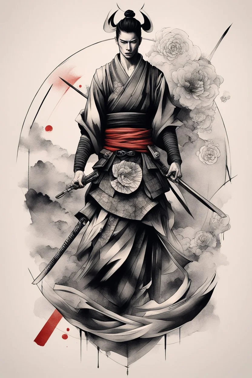 Create a captivating modern 2d ink tattoo design for print , prestigious Divine Samurai using the elegant influences of japan art style, for print, dynamic elements from fashion and design, and bold Japanese contemporary art aesthetics, framing centered in the center, distanced from the edges of the paper perimeter, perfect anatomy, bauhaus, Divine Proportion,