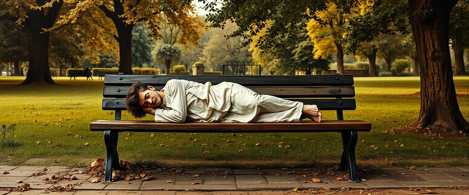 master oil painting by Rembrandt, flat paper person sleeping on a bench in the park
