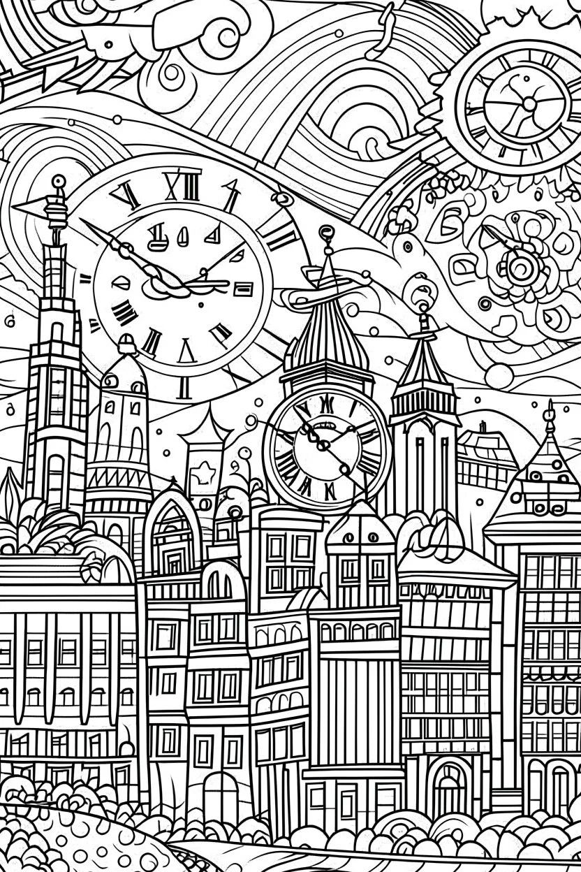 HAPPY NEW YEAR coloring page for kids, Clock striking midnight in a vibrant cityscape, thick outline, low details, no shading, no color