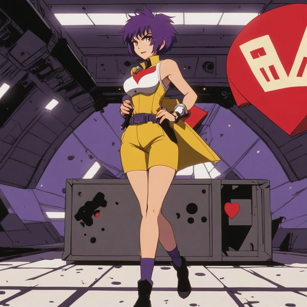Faye Valentine from Cowboy Bebop in her iconic outfit and her violet short hair, standing in a spaceship hangar, confidently firing her handgun in front of a large cardboard box with a red heart drawn on it. Bullet holes form the outline of a heart shape in the cardboard. Smoke curls from the fresh holes. She faces the box with one hip cocked, stylish and cool, wearing her iconic yellow crop top, red jacket, black shorts, and thigh-high stockings. Noir lighting, cinematic shadows, retro-futur