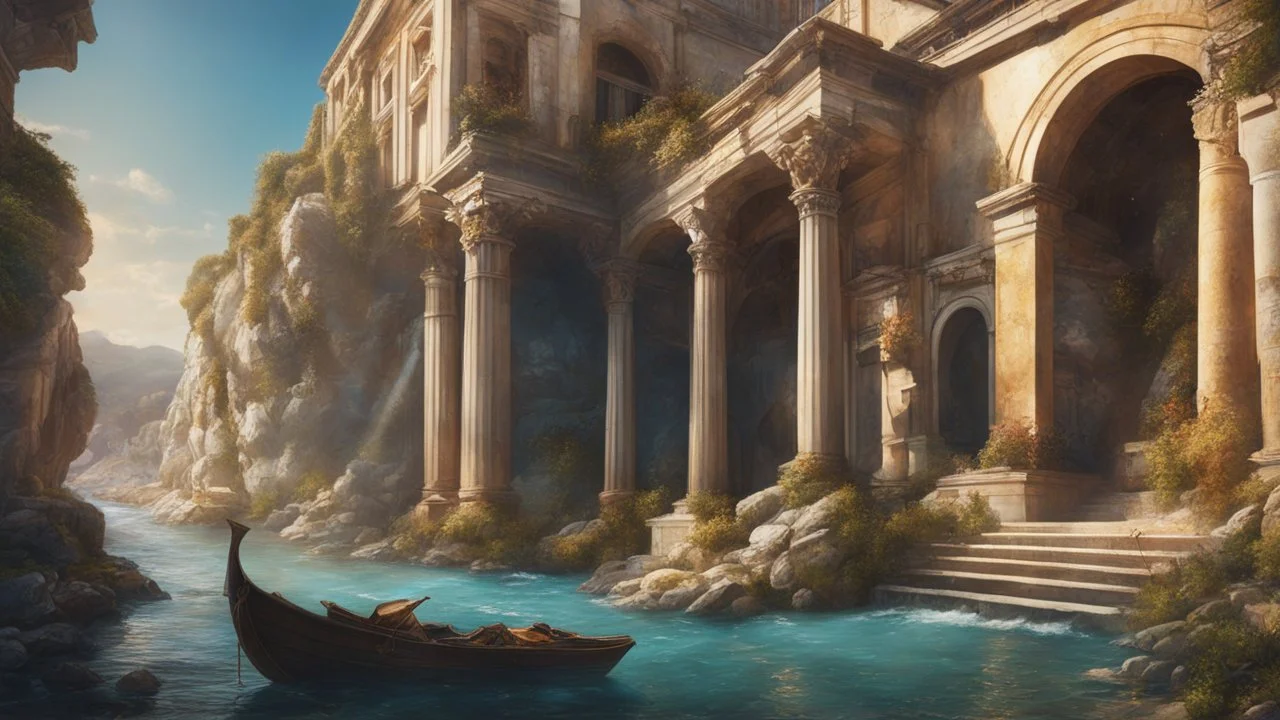 a roman town divided by a river next to the ocean. marble and gold. fantasy. cinematic lighting, hyper realisme, Hyperrealistic, splash art, concept art, mid shot, intricately detailed, color depth, dramatic, 2/3 face angle, side light, colorful background