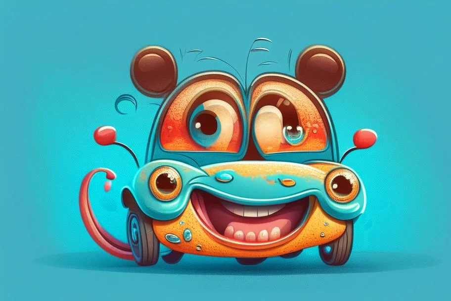 whimsical cartoon car with big eyes and its front grill forming a friendly smile, with a mouse character riding on it.