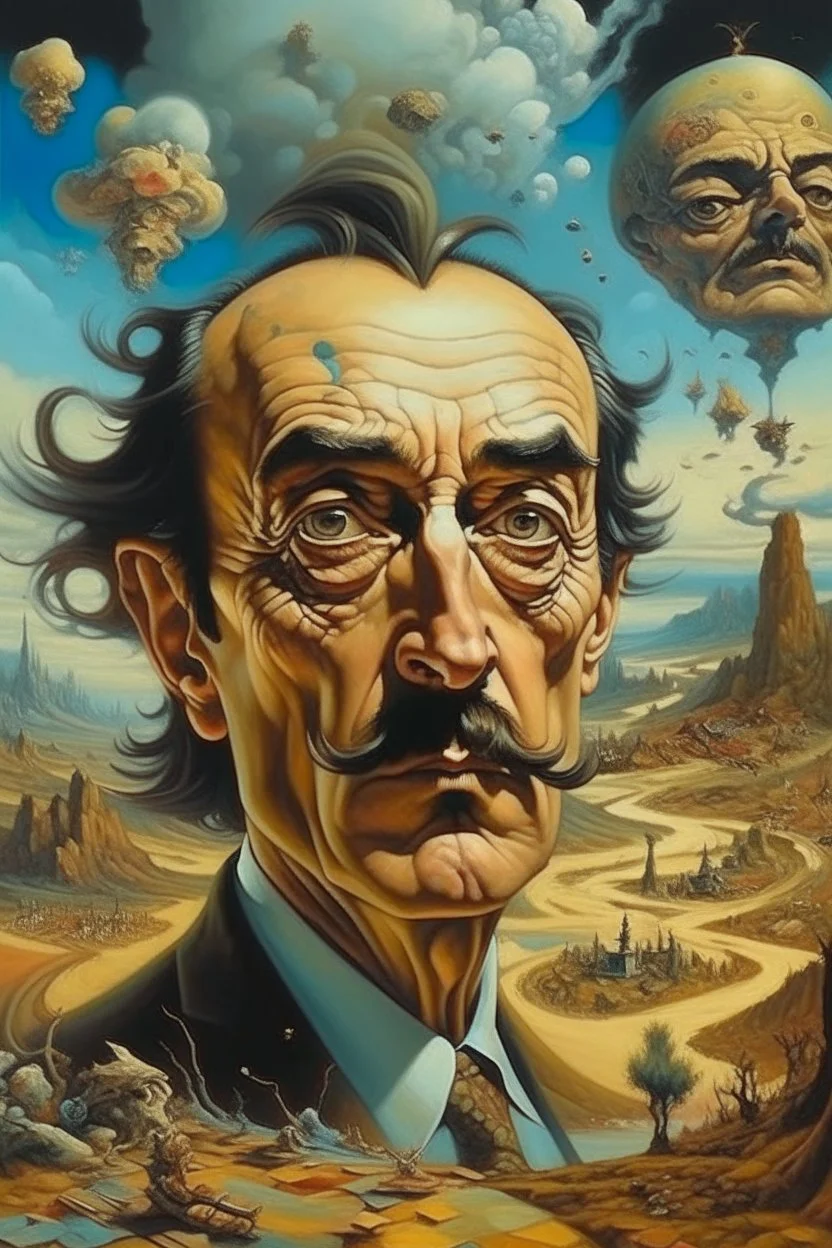 The painting of Salvador Dali in the style of grotesque caricatures, hyperrealistic landscapes, #pixelart, richly detailed genre paintings, time-lapse photography, haunting structures, zombiecore , in the style of quirky figurative ian spriggs paul barson comical figurative jim lively.