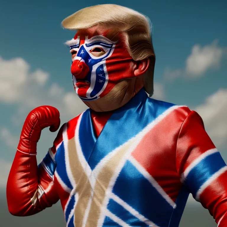 realistic image of donald trump as a mexican wrestling fighter posing outdoors, Mexican eyes wrestling mask, red and blue breeches, suspenders, retro style, 80s, vibrant color, highly detailed, sky background, concept art, unreal engine 5, god rays, ray tracing, RTX, lumen lighting, ultra detail, volumetric lighting, 3d, finely drawn, high definition, high resolution.