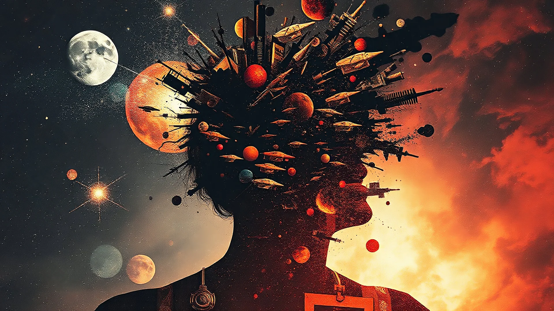 collage, double exposure, in space they can't hear you scream, dave mckean, inspired by zdzislaw beksinski's nightmare paintings, wassily kandinsky, head exploding, headache, hd photography, explosion of thoughts