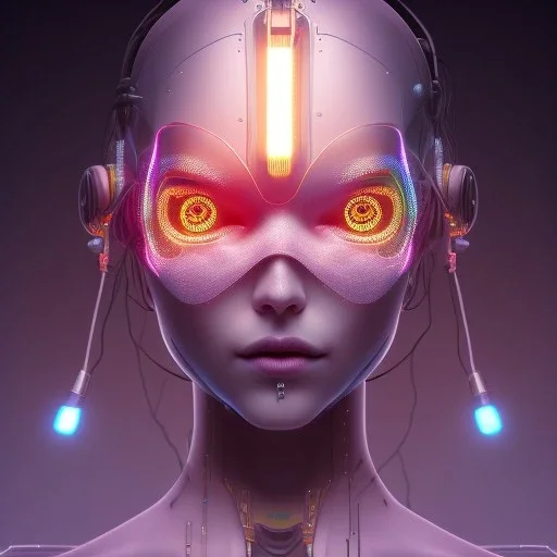 lumen lighting, led lights, <hanging wires> many wires connected to the head<perfect pupil> <cyborg> <garage> <sci-fi futuristic>