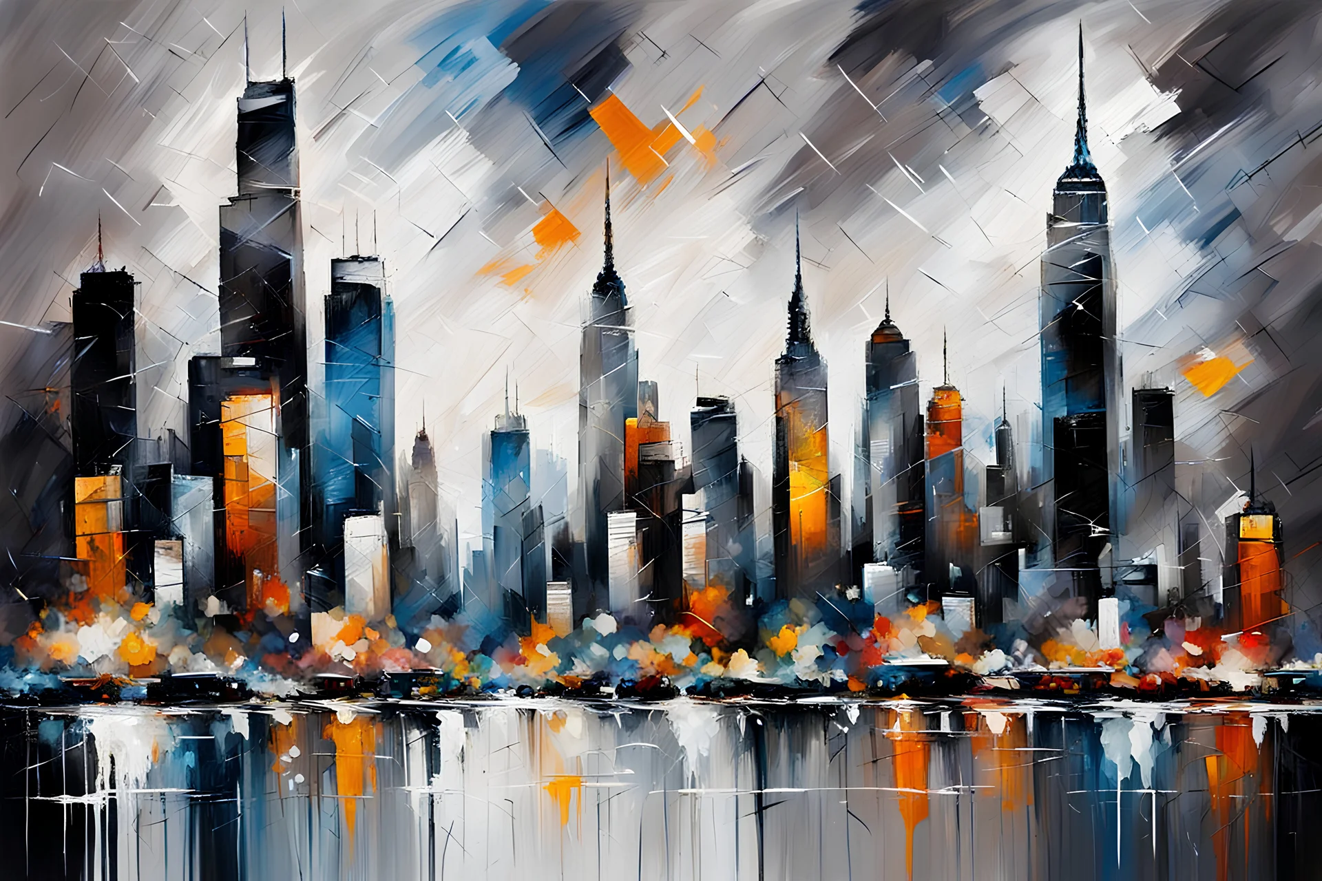 abstract oil painting: city skyline buildings, gray-black-white-blue colors New York. artistic style, dateled in HD, Afremov, colorful in Kal Gajoum style