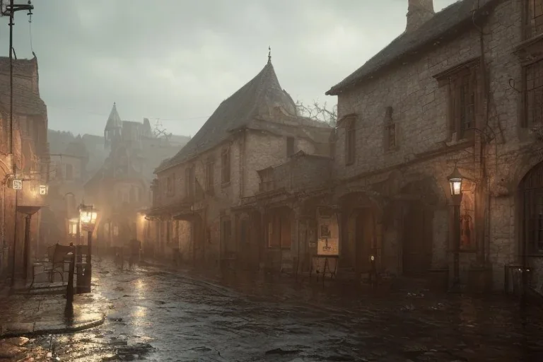 Small medieval Fantasy town, rain, lights, tavern, misty, daytime, cobble streets