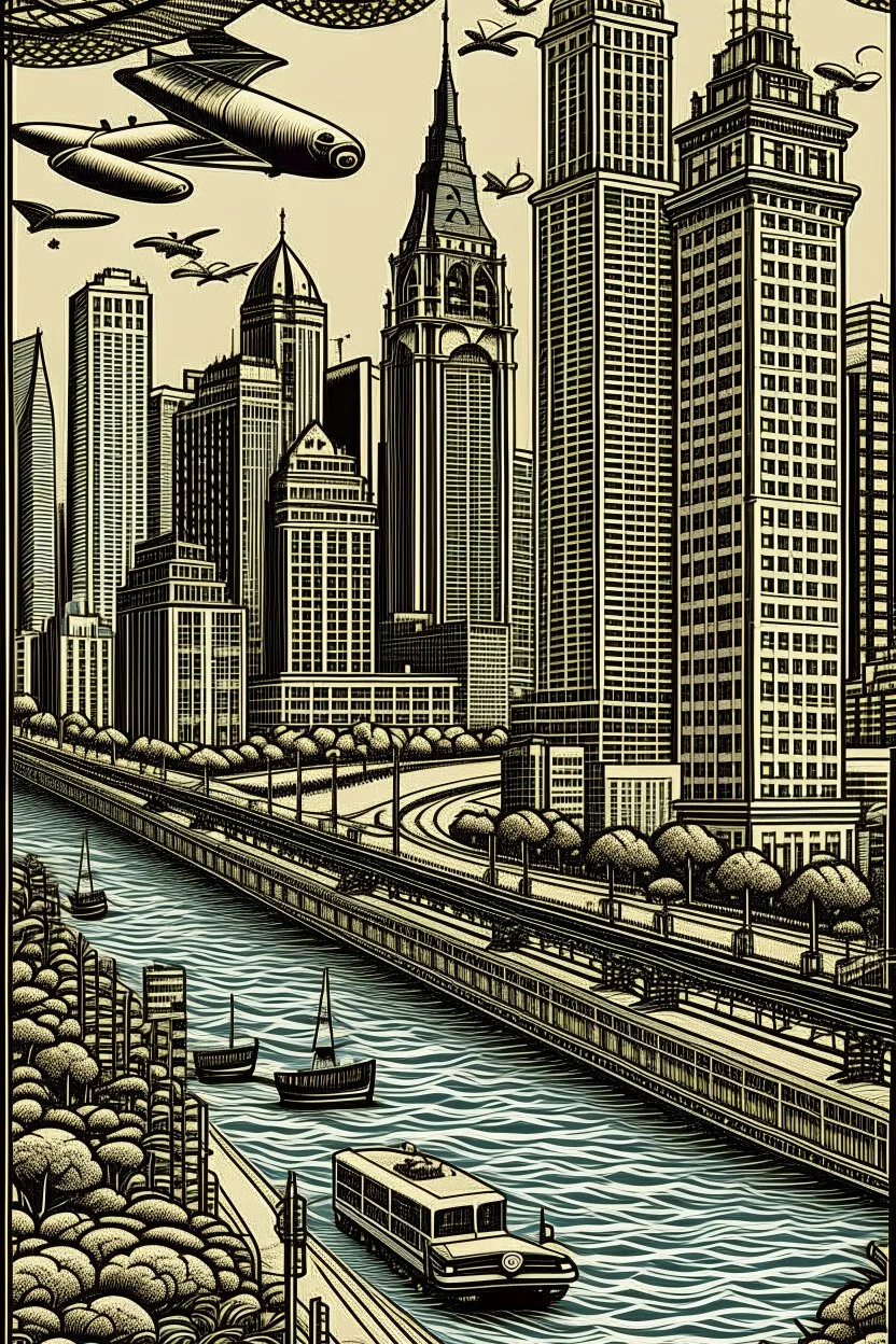 vintage Xylography Chicago, Rt 66 street sign, Sears tower, lakeshore drive, Riverwalk, lake Michigan, Millennium park, street signs, bridge, traffic --exp 90 --profile c9s7l73 --stylize 30