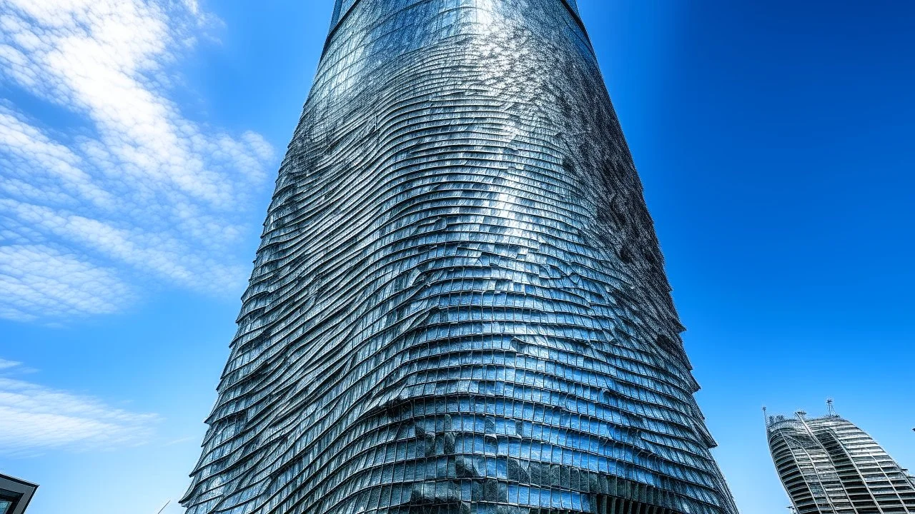 Majestic tower clad in steel and glass scales, embodying the essence of biomimetic architecture. Its shimmering surface transforms throughout the day, presenting an ever-changing appearance.