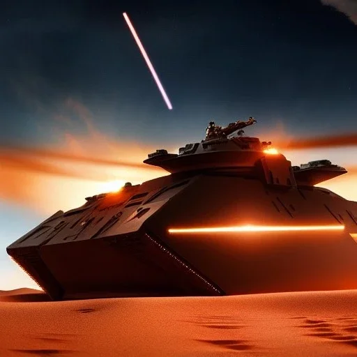 volumetric dramatic desert Battle scene with futuristic hovering military armored Hovercraft tank painted by chris foss,Laser turret, floating, hover, 4k, 8k, [hovercraft] Minutiae, highly detailed, render, rivets, hovering, stripes, sunset duststorm, nimbus clouds