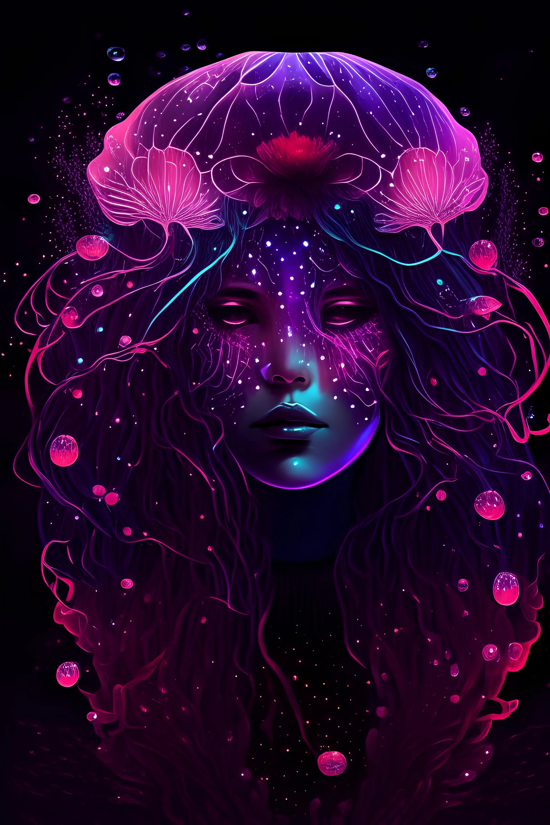 girl, jellyfish, mask neon crystal out her mind beautiful colorfully flowers and star pattern on fur front facing dark smooth colors high contrast background darkred tones,