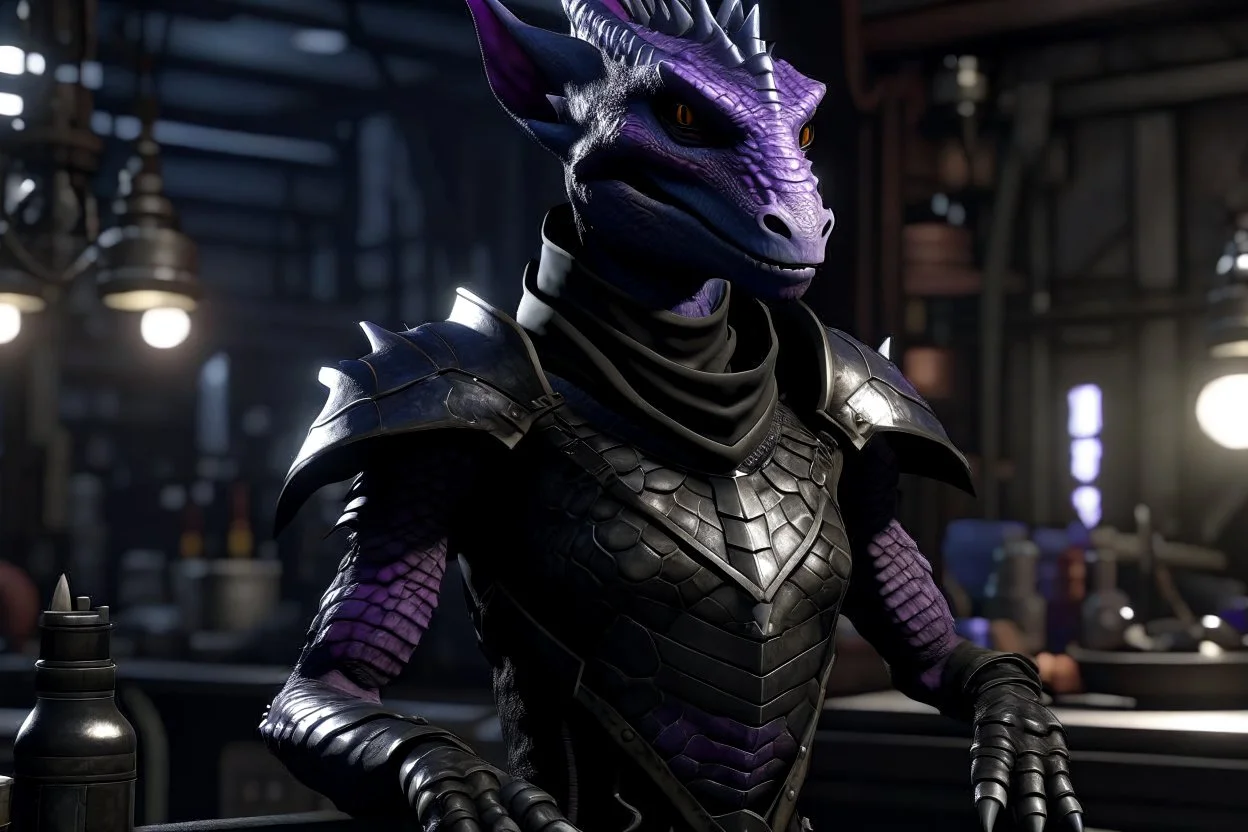 a black and purple, female argonian artificer who uses Tesla coils, skinny, wearing little armor, in her lab