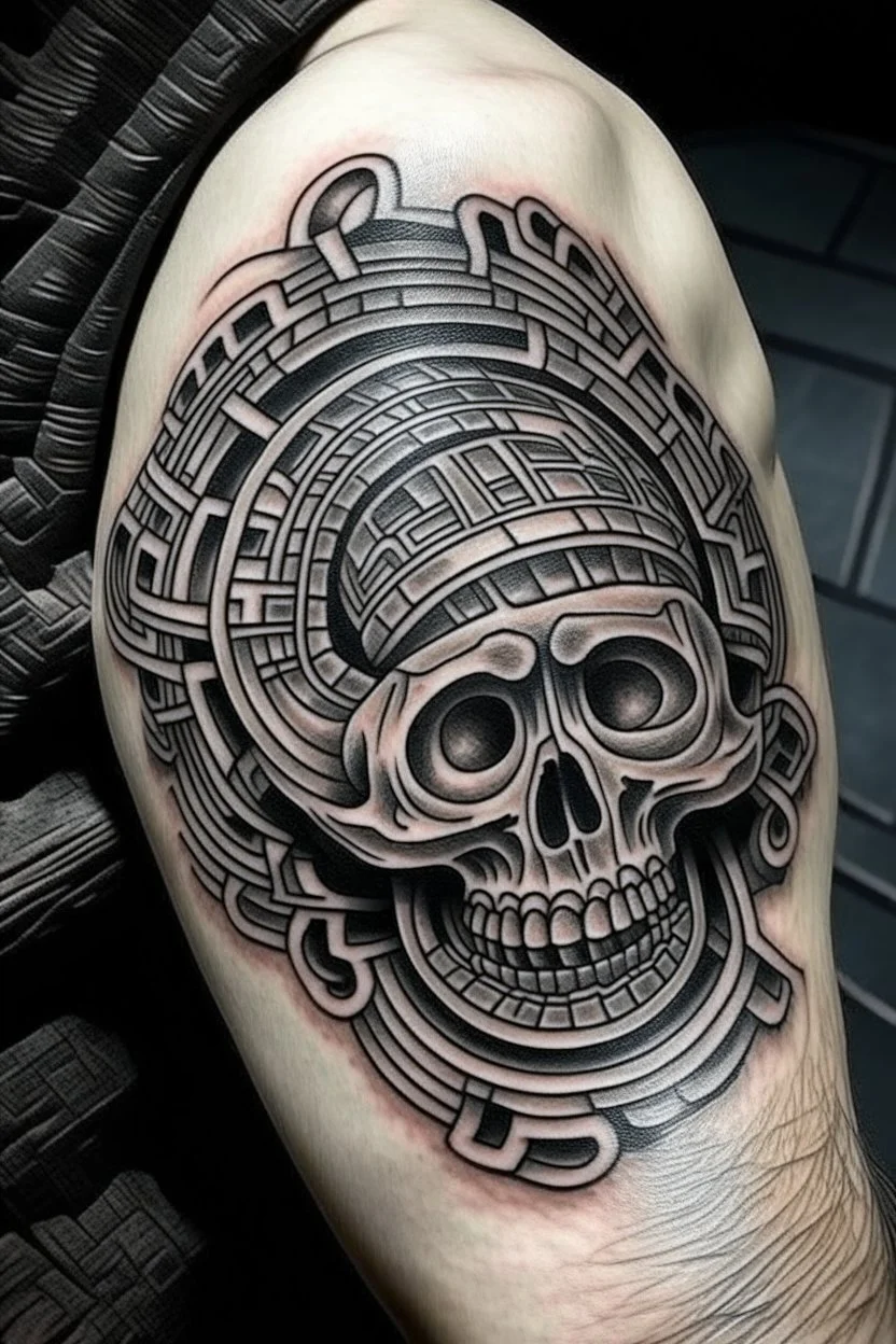 Shape of a labyrinth in a skull a new age tattoo style