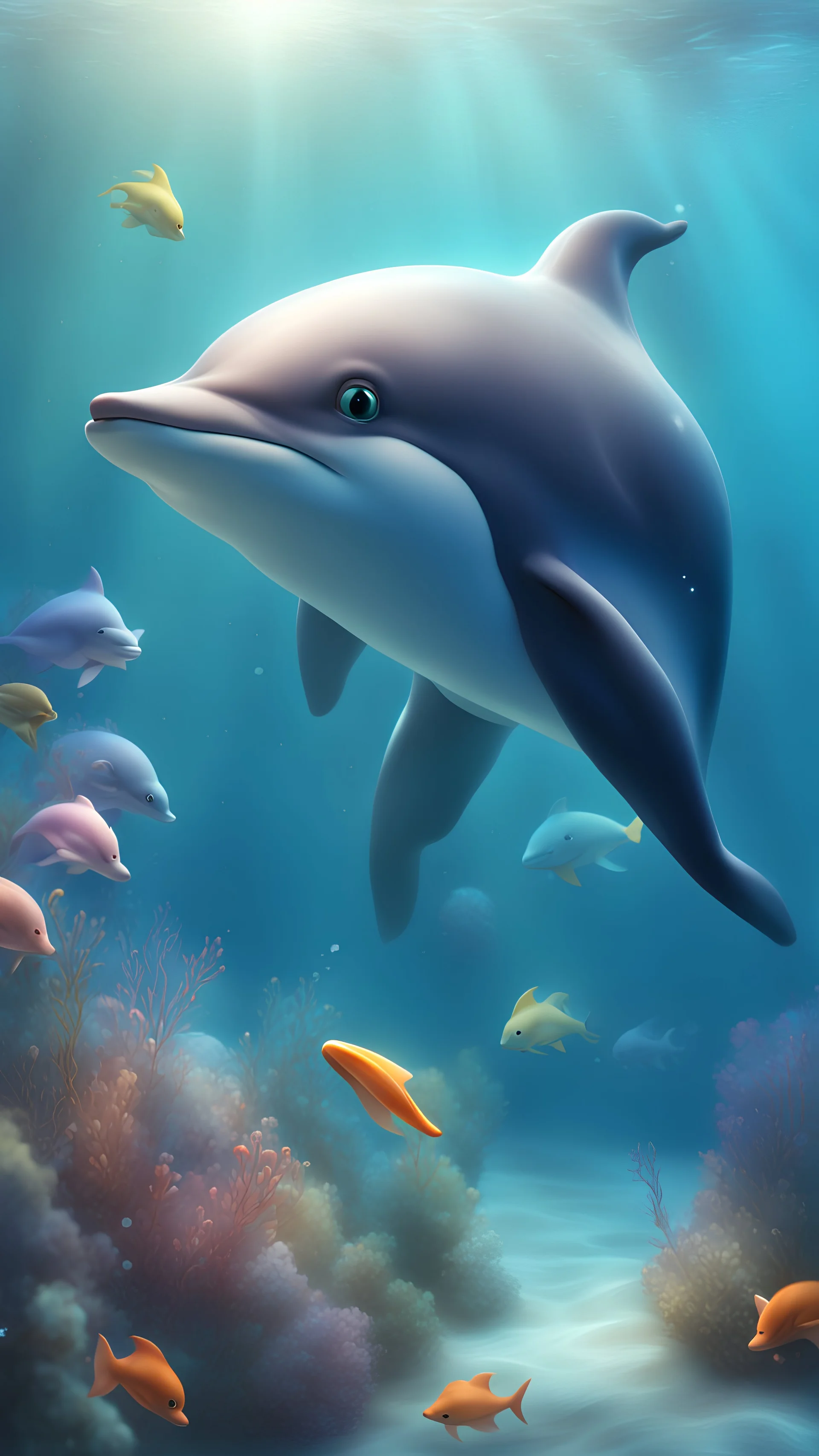 Kawaii, Cartoon, Cute Delphin, in the ocean, Caricature, Realism, Beautiful, Delicate Shades, Lights, Intricate, CGI, Botanical Art, Animal Art, Art Decoration, Realism, 4K , Detailed drawing, Depth of field, Digital painting, Computer graphics, Raw photo, HDR