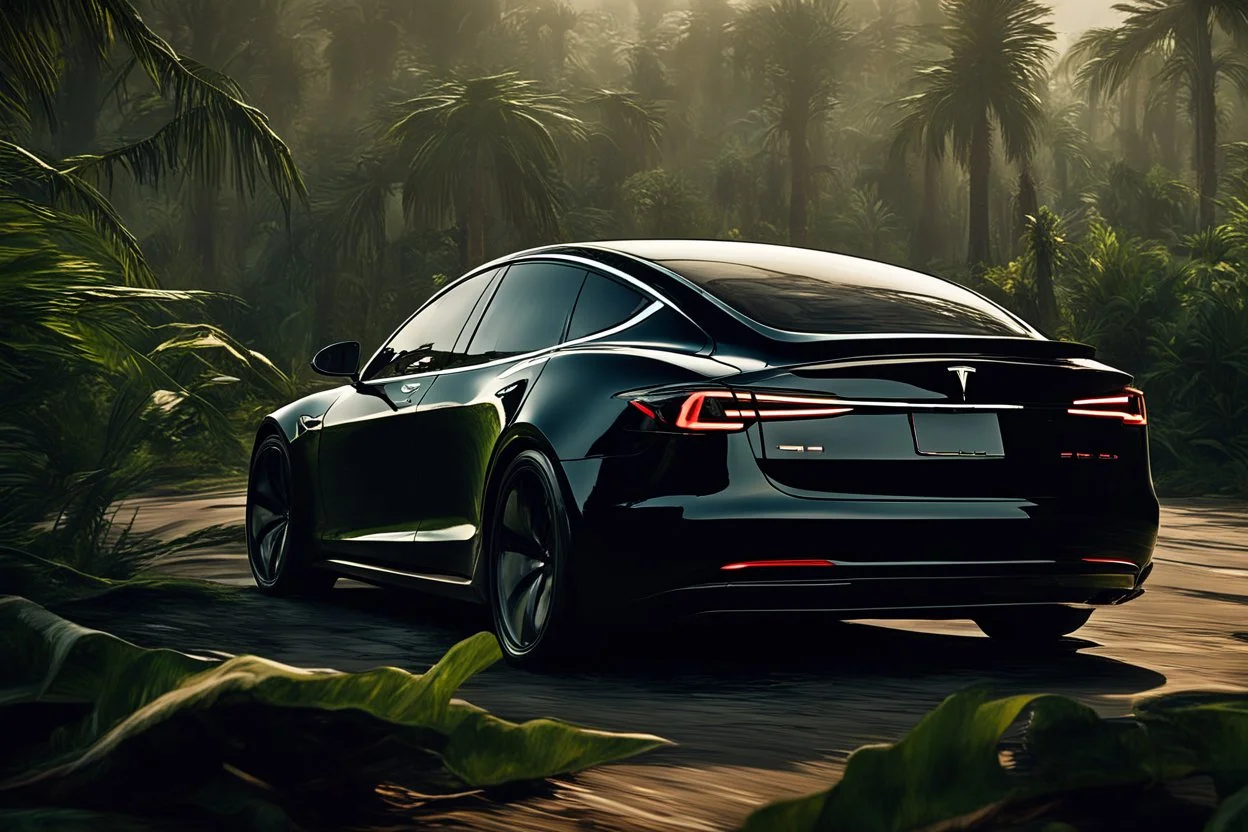A Tesla's 'Model S Plaid' is drifting at top speed, amid the 'Jurassic Park' jungle. CINEMATIC. WIDE ANGLE LENS. PHOTO REAL.