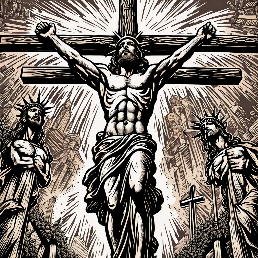 crucified on the cross christ liberty hybrid tone, woodcut, engraved, wall street journal style, statue of cruicified Jesus of Liberty with a beard and wearing a cross and hanging from a cross, The statue male, hyperdetailed intricately detailed photoillustration ink drawing dystopian 8k resolution entire body of the statue is in the picture. digital illustration telephoto lens photography , same colors as the us treasury's one dollar bill, crucified"