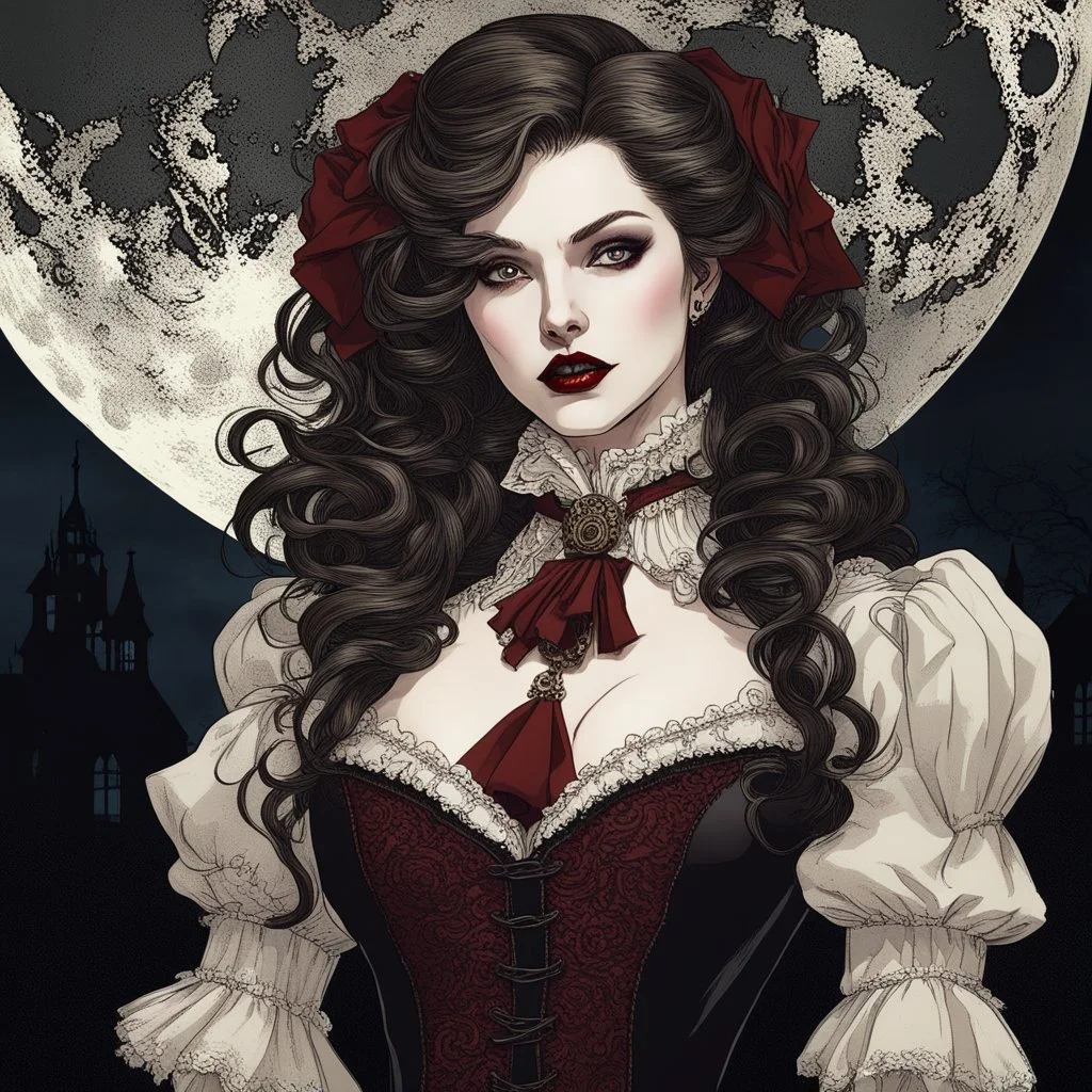 A mysterious and alluring vampire with pale skin, blood-red lips, sharp fangs, dressed in elegant Victorian attire, standing in front of a full moon backdrop.