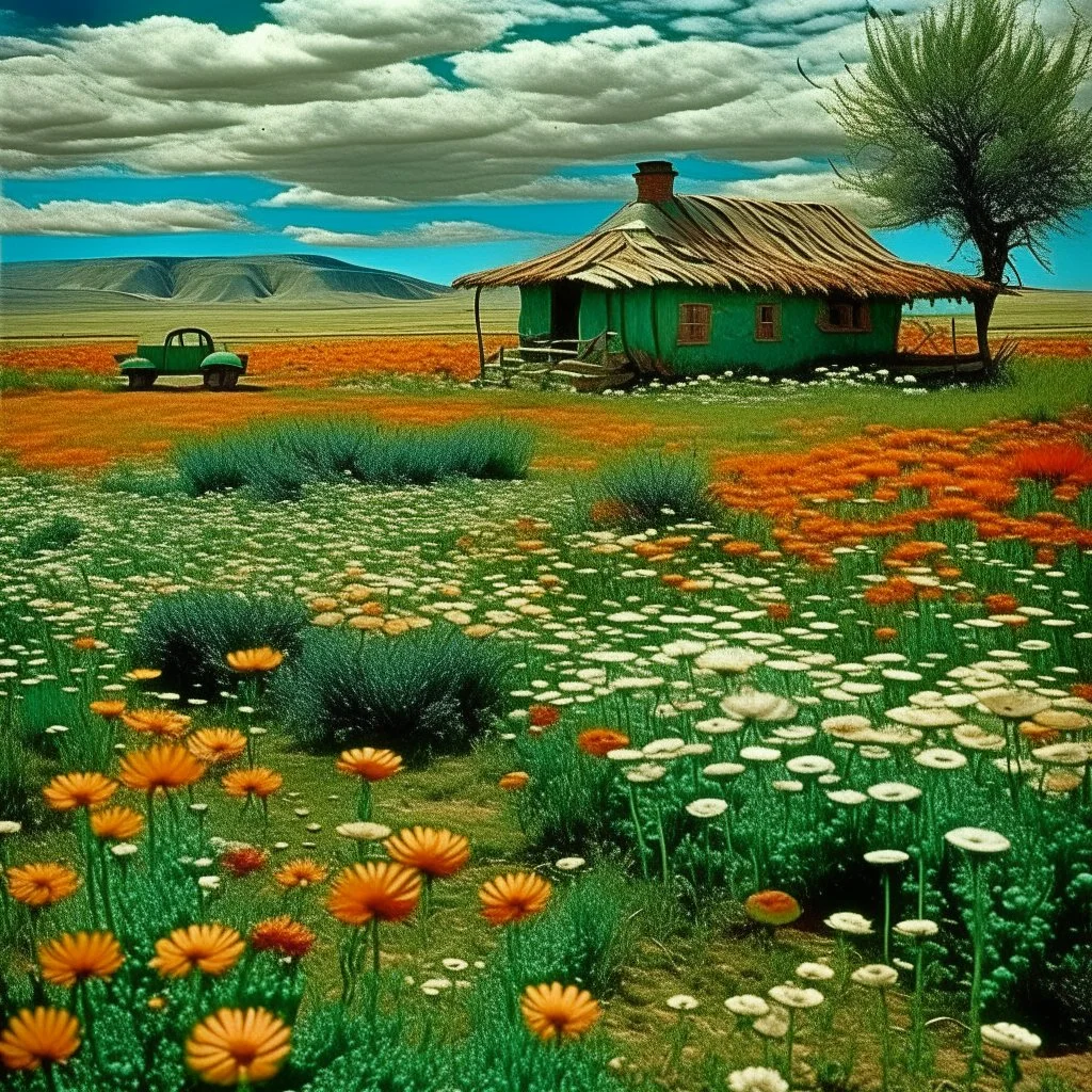 A green meadow with flowers near a house designed in Navajo baskets painted by Salvador Dali