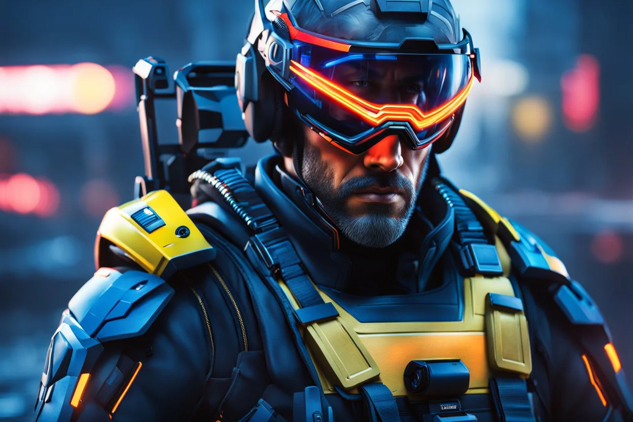 Soldier 76 in 8k realistic cgi drawing style, call of duty them, close picture, rain, neon, intricate details, highly detailed, high details, detailed portrait, masterpiece,ultra detailed, ultra quality