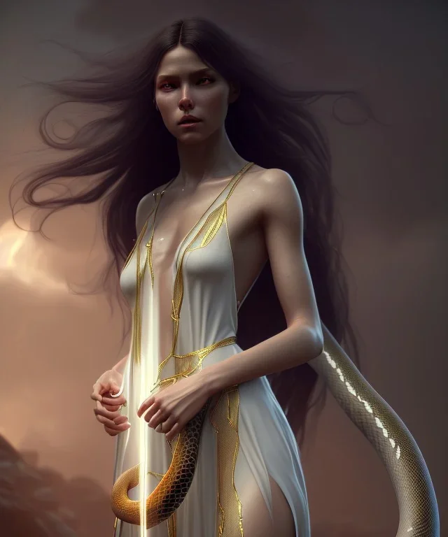 Holy Virgin, celestial light, beautiful, long fabric dress, beautiful long black hair to the waist, big snake resting on shoulders, holding snake, head and shoulders portrait, 8k resolution concept art portrait by Greg Rutkowski, Unreal Engine 5 volumetric lighting