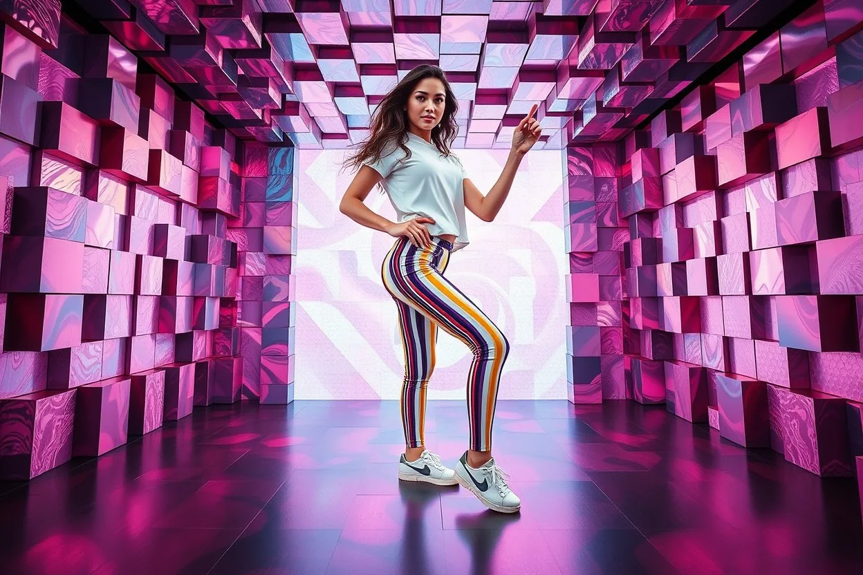 beautiful lady with todays modern clothing and sport shoes, in surreal stage made of fractal random size objects with helical strip colors in clothing similar to environment full body dancing to camera,animating background metallic random color cubes