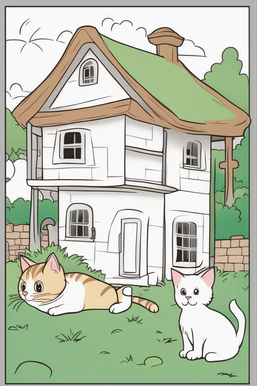 blank colouring book, white blank background, simple picture for toddlers, cat house with no cat inside, disney and pixar style