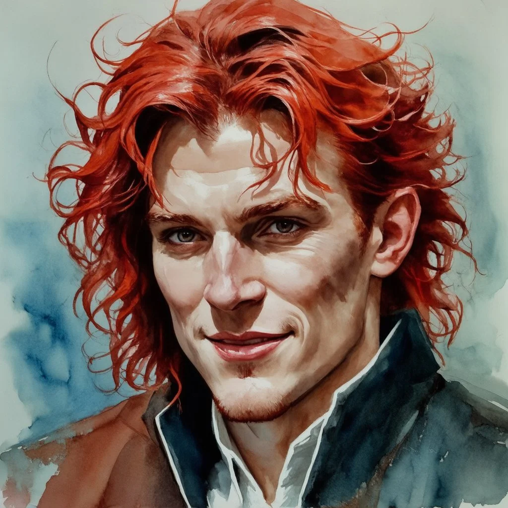 dnd, fantasy, watercolour, portrait, illustration, male, face, determined, happy, red hair, long hair, radiating light, stubble